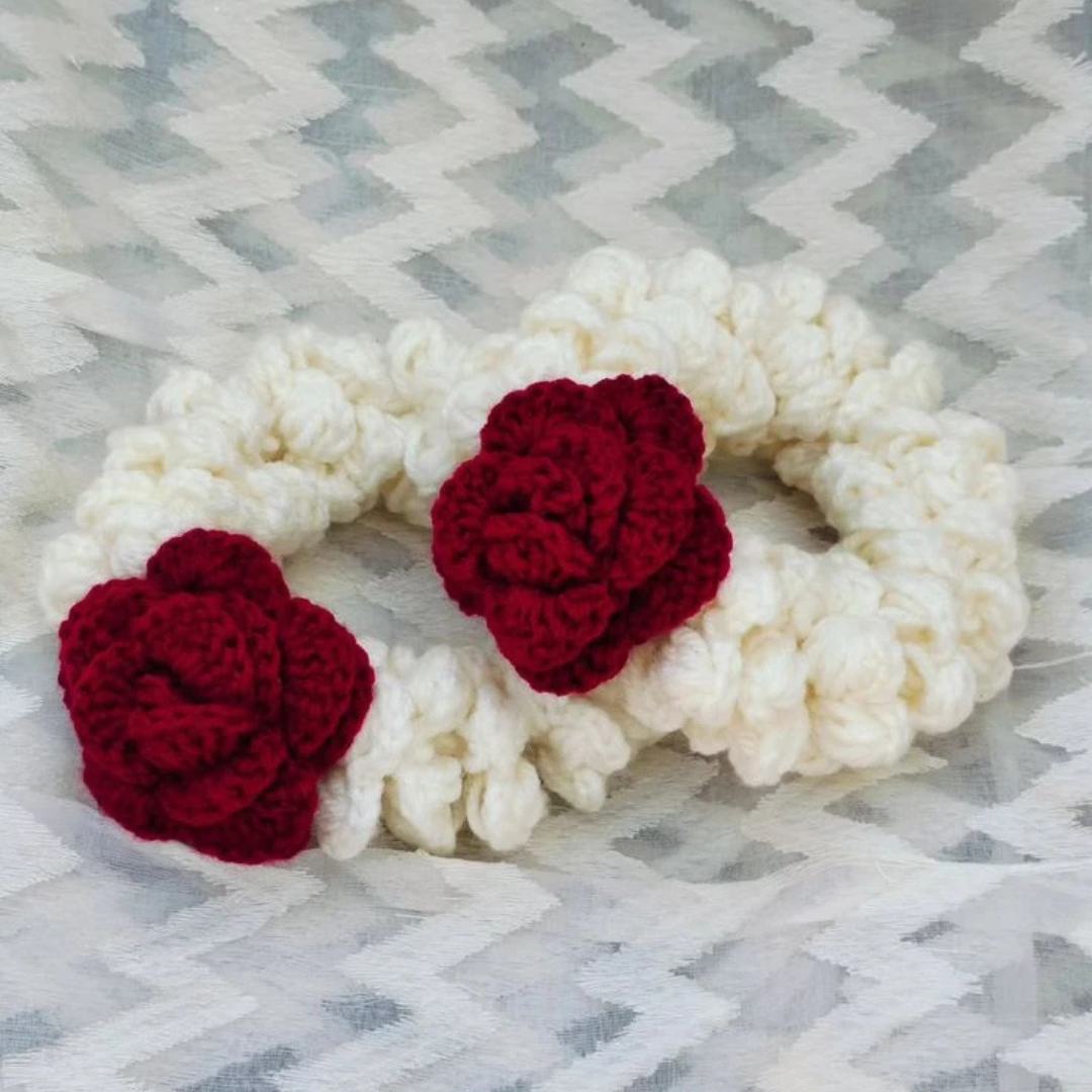 Handmade Crochet Rose Gajra – Reusable Floral Hair Scrunchie